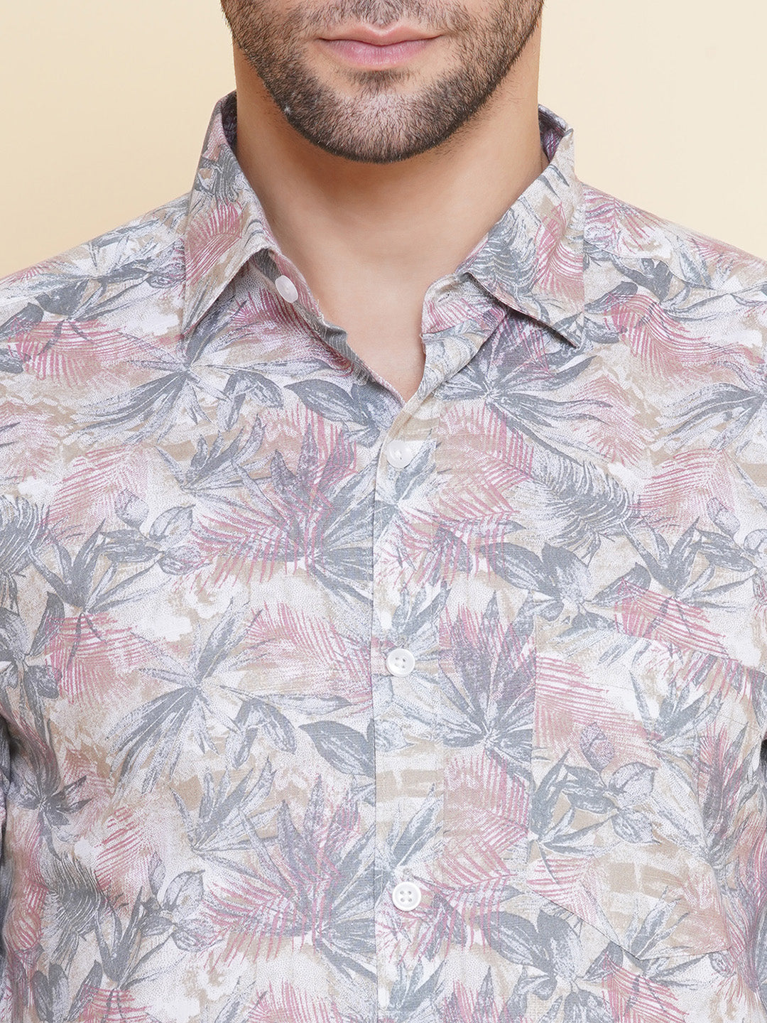 Louis Monarch Men Regular Fit Linen Printed Pink Spread Collar Casual Shirt